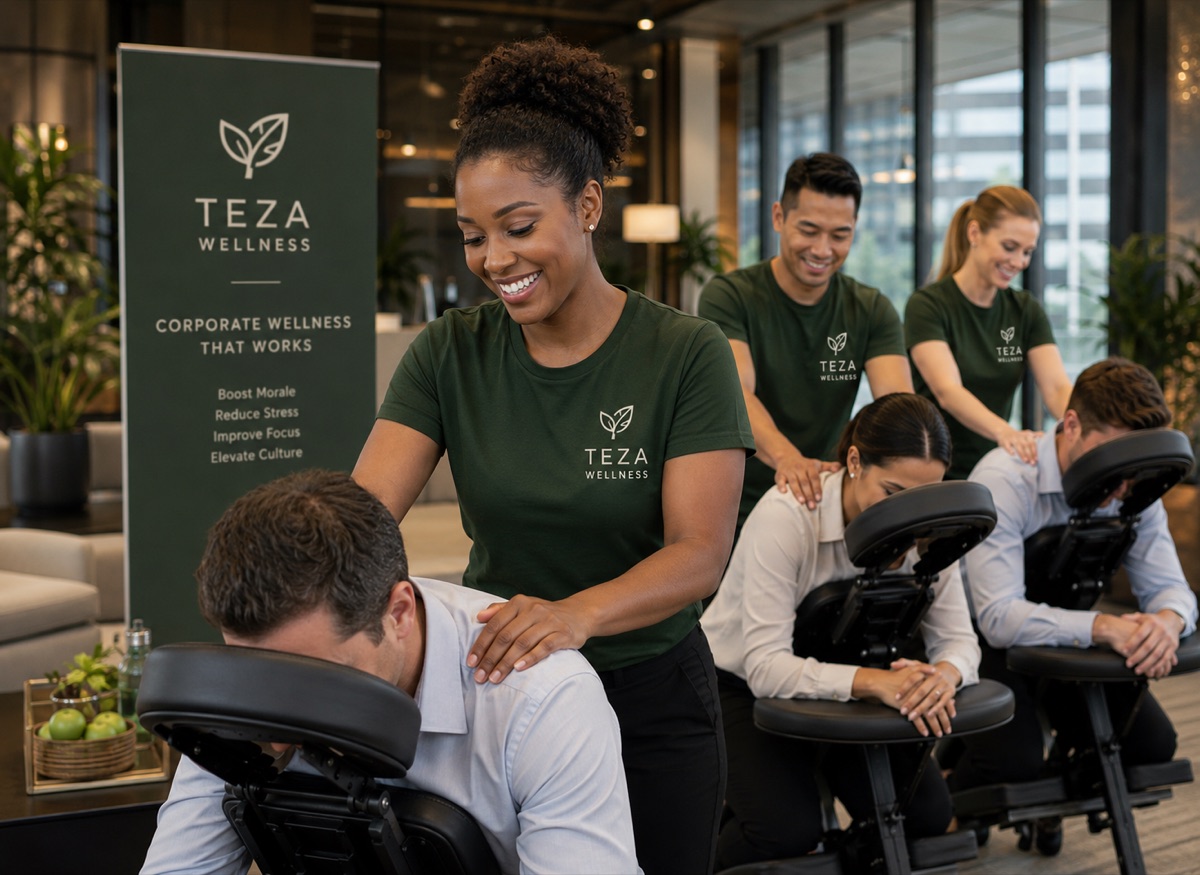 TeZa Wellness therapists giving on-site chair massages to corporate employees in an office setting